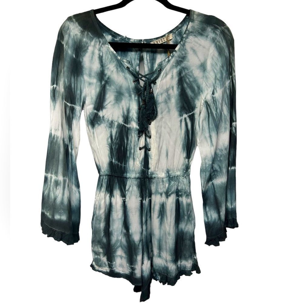 NWT Exist Dark Blue White Tye Dye Long Sleeve Romper Keyhole Back Lace Front